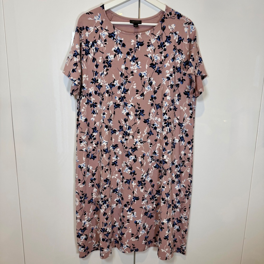J.Jill Wearever Dusty Plum Floral Stretch Shift Dress short sleeve pink/blue XL